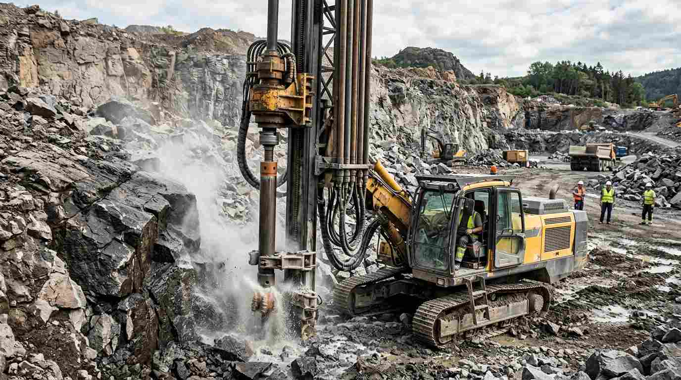 DTH drilling rig boring into bedrock